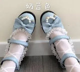 Shoes Women High Heels Pearl Lace Edge Straps Bow Cute Girls Princess Tea Party Shoes Students Lovely Shoes Size