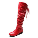 Knee High Boots Red Black White Tall Boots Woman Pleated Low Heel Casual Leather Autunm Winter Female Long Shoe