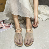 Breakj / Summer 2024 New Plus Size Ladies Flat Sandals Broken Diamond Fashion Fishnet Solid Color Women's