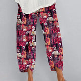 Fashion Loose Plus Size Elastic Waist Cropped Pants Casual Irregular Wide Leg Pants Multi-color Print Cotton Linen