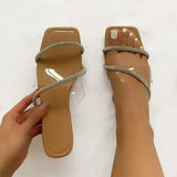 Women Crystal Slippers Female Square Toe Casual Flat Ladies Narrow Band Slides Women's Leisure Comfort Shoes Plus