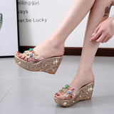 2020 Women Transparent Clear Crystal Sequins Platform Wedge Thick Sole Sandals High Heels Mules Slides Summer Beach