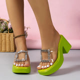 Breakj Female Spring And Summer New Fashion Sequins One-Word Drag Drill Half Slipper Thick Bottom High-Heeled Shoes