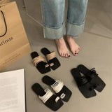 Breakj Version Of Fine Belt Combination One Word Soft Leather Square Head Slippers Female Open Toe Flat Bottom Beach