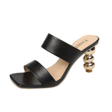 New Design Metal Strange High Heels Summer Women Slipper Elegant Square Toe Slip-On Sliders Shoes Ladies Sandals Size