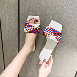 Slippers Women Summer Square Toe Casual Flat Ladies Multicolor Slides Female Weave Flip Flops Women's Home Shoes Plus