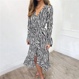 Long Dresses 2021 Women Zebra Print Beach Bohemian Maxi Dress Casual Long Sleeve V Neck Ruffles Party Dress