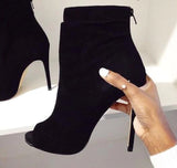 Women Open Toe Black Suede Leather Ankle Bootie Back Zipper-up Ankle Boots Thin Heel Classical High Heel Short