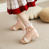 Chunky High Heel Lolita Shoes Butterfly-knot Cloth Plush Inner Women Cosplay Princess Ankle Boots Winter Autumn Pink White