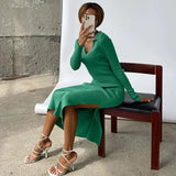 Turn Down Collar Long Sleeve Midi Knitted Dress High Split Autumn 2021 Chic Knitwear Elegant Female Aesthetic
