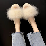 Slippers Women Wear Fashionable 2024 New Fashion Shoes Ostrich Hair Flat-Soled Korean Open-Toed