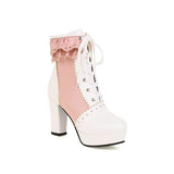 Kawaii Chunky High Heels Lolita Ankle Boots Womens Office Party Lace Up Brogues Platform Shoes Cosplay Motorcycle Snow