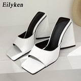 Summer Orange Black Triangle Thick heel Slippers Sexy Street Woman Party Peep toe Dress shoes size