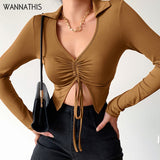 Women Turn Down Collar Drawstring Crop Tops Brown Autumn Sexy Casual Ruched Fashion Vintage Female Skinny T-shirt