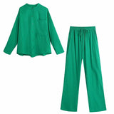 2021 Women Green Sets Female Fashion Pocket O-Neck Shirts Drawstring Elastic Waist Back Pockets Pants Ladies Casual