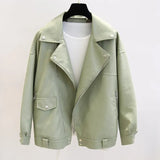 New Spring Faux Leather Pu Jacket Women Loose BF Coat Female Turndown Collar Moto Biker Rivet Zipper Vintage Street