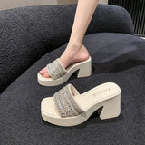 Breakj Summer New Fashion Women's Shoes Water Diamond One-Word Waterproof Platform Thick With Cool Drag High Heel Slippers
