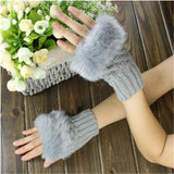 Half Finger Woolen Winter Gloves Women Knitted Warm Mittens Long Imitation Rabbit Hair Lovely Fur
