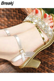 Open Toe Women Chunky Heels Shoes Women's Sandals Gold Silver Female Fashion Buckle Rhinestone Fish Mouth Womens
