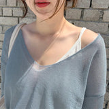 Women Casual V Neck Knitted Blouse Solid Loose Ladies Tops Batwing Sleeve See Through Sexy Shirt Female Roupas