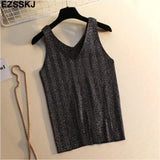 shiny Knitted Top Summer v-neck diamonds Tank top Women Slim Top Female bling sleeveless t-shirt Vest