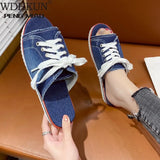 Canvas Flat Slipper 2020 Woman Lace Up Ladies Peep Toe New Women's Casual Female Fashion Denim Beach Shoes Plus Size