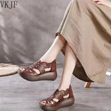 Sandals Genuine PU Leather Handmade Ladies Shoes 2021 Summer Thick Sole Women Retro Sandals Leather Gladiator
