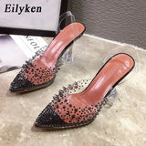 2022 New Gold Silver PVC Transparent Rivet Diamond Pumps Sandals Perspex Heel Pointed Toe Crystal Silver Wedding