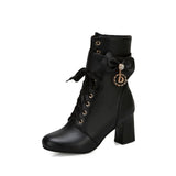 Women Sweet Bow Boots Mid Heels Lace Up Lolita Bow-Knot Side Zipper Ankle Booties Crystal Pendant Pink Black White Size