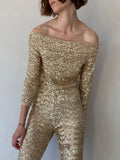 Chic Gold Sequined Cropped Blouses Women Fashion Sexy Slash Neck Shirts Elegant Ladies Short