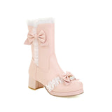 2021 Autumn Winter Cosplay Mid Long Boots Women Pink White Black Princess Ruffles Butterfly-knot Chunky Hees Lolita JK