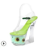 Women Model Shoes Thick Super High heels 17cm Sunflower Waterproof Fishmouth Sandals Transparent Crystal Shoes Wedding