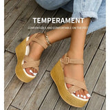 Breakj Summer New Large-Size Lady Thick Bottom Heel Sandals Buckle Design Laturethane