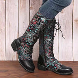 Autumn New Embroidery Flowers Mid-calf Boots Women Retro Ethnic Style Chunky Heel Plus Size Knight Boots Botas De
