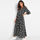 2021 Women Long Printed Dresses Three Quarter Sleeve Bohemian Maxi Dress Turn Down Collar Shirt Dress Vestidos