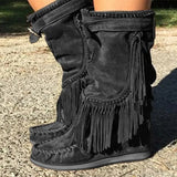 Boots Woman Pleated Tassel Mid-calf Boots Womens Sewing Footwear Buckle Leather High Heels Shoes Female Plus Size
