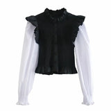 New Spring Women Elastic Pleated Splicing Blouse Female Ruffle Long Sleeve Shirt Lady Loose Tops Blusas
