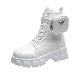 Motorcycle Boots For Women Lace Up Chunky Heels Belt Buckle Pocket Cool Punk Ladies Short Ankle Boots 2021 Girls