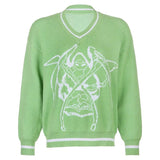 Preppy Style Oversized Knitted Sweater Women Casual V Neck Autumn Jumper Ladies Print Fashion Pullover Knitwear