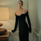 Slash Neck Knitted Midi Dress For Women Sexy Black Elegant Party Wear Long Sleeve Bodycon Fashion Dresses Autumn