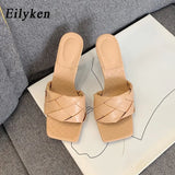 Summer New Design Weave Square Toe Heels High Quality PU Leather Slippers Gladiator Beach Womens Sandal Slides