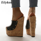 Rivet Peep Toe Platform Wedge Slippers Black Summer Shoes Woman Sexy Super High Sandal Slippers Black 35-42