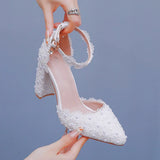 Breakj Lace Pointed Women's Singles Lace Wedding Dress Shoes Spring Thick Heel Sharp Sandals White Wedding Shoes