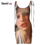 Puss Aesthetic Printing Women Dress Sexy Lace Up Skinny Summer Sleeveless Elastic Bodycon Party Streetwear Thin