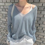Women Casual V Neck Knitted Blouse Solid Loose Ladies Tops Batwing Sleeve See Through Sexy Shirt Female Roupas
