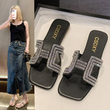Breakj Version Of The Diamond One Type Flat Bottom Slippers Female Flat Slippers Square Head One Foot Pedal Home