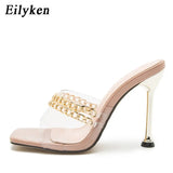 New Summer Pumps Fashion Chain Slippers Sandals Shoes Women Thin High Heels Slip On Square Toe Mules Slides Ladies