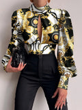 Spring New Sexy Elegant Hollow Out Backless Tops Women Vintage Print Lantern Sleeve Shirt Lady Fashion Turtleneck Lace-Up