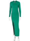 Backless Dresses Folds Evening O Neck High Split Ankle Length Women Autumn Long Sleeve Green 2021 Sexy Long