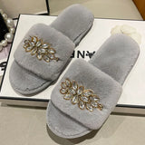 Fur Slippers 2024 New Fashion Chain Design Women Home Slippers Winter Indoor Open Toe Flat Non-slip Leisure Female